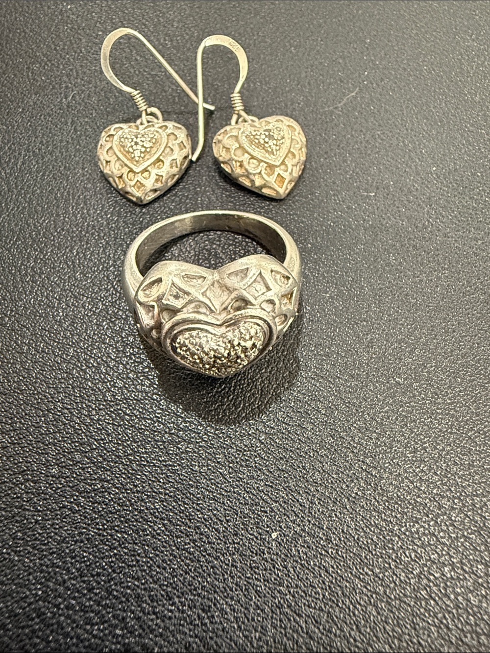 Sterling Silver Heart Ring and Earrings Set - Silver Heart Motif